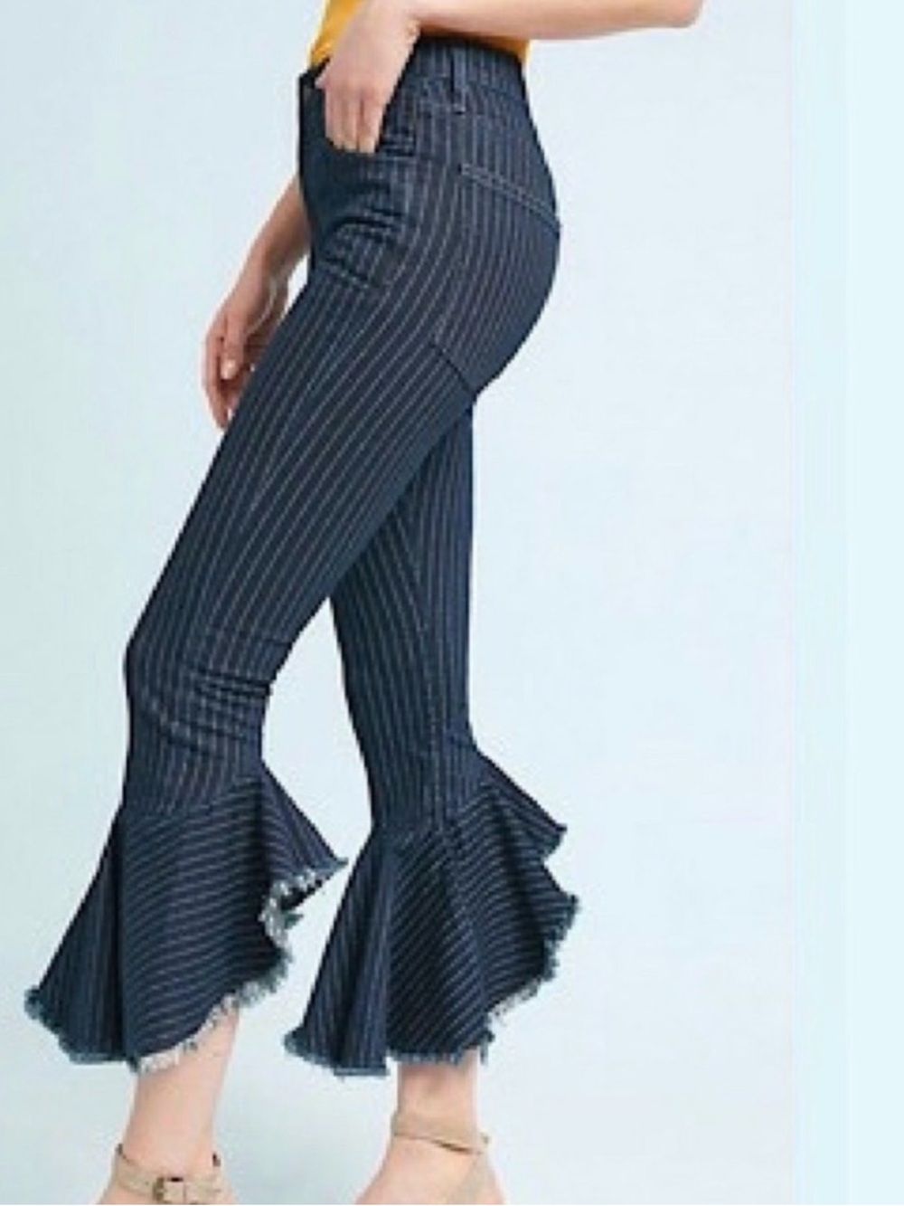 Citizens Of Humanity Drew Flounce Pin Stripe Jeans with Distressed Flare Leg. 31